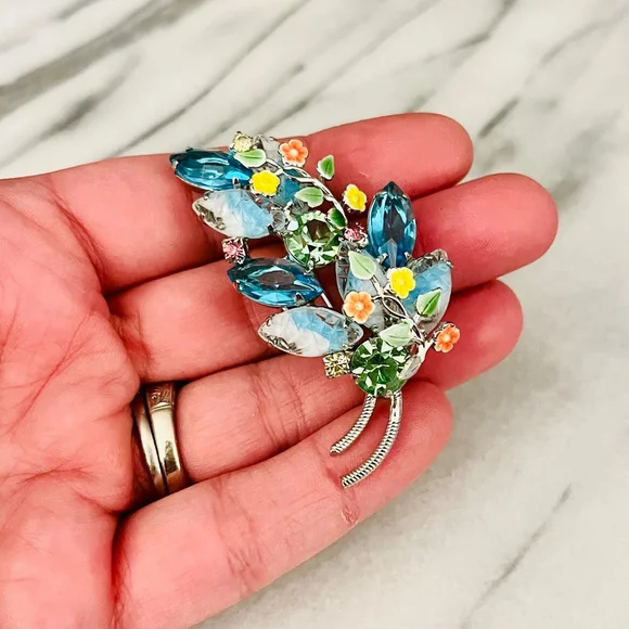 Vintage Blue Crystal Brooch Prong Set Navettes Green Pink Accent Enamel Flower